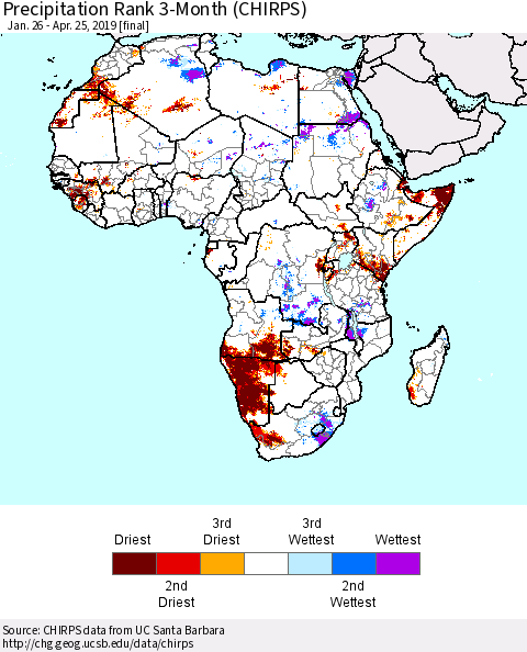 Africa Precipitation Rank since 1981, 3-Month (CHIRPS) Thematic Map For 1/26/2019 - 4/25/2019