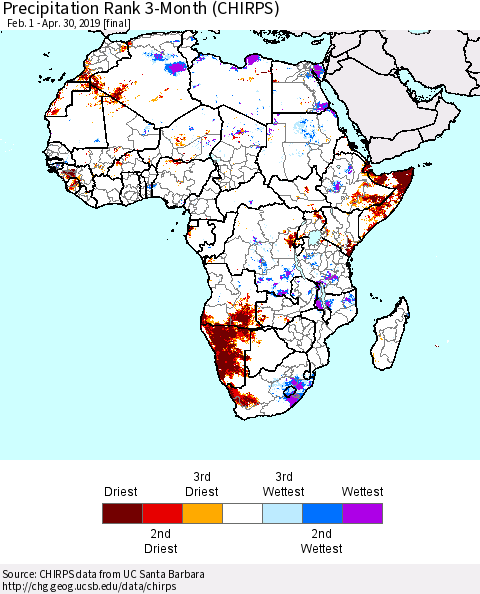 Africa Precipitation Rank since 1981, 3-Month (CHIRPS) Thematic Map For 2/1/2019 - 4/30/2019