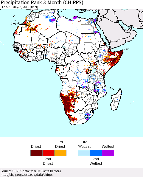 Africa Precipitation Rank since 1981, 3-Month (CHIRPS) Thematic Map For 2/6/2019 - 5/5/2019