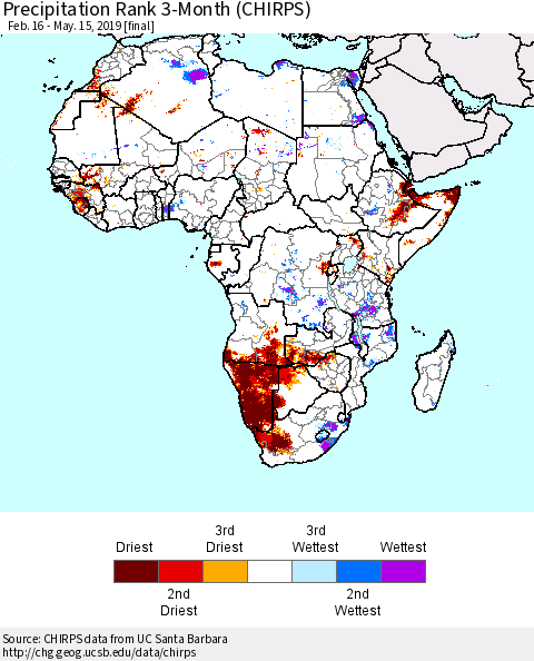 Africa Precipitation Rank since 1981, 3-Month (CHIRPS) Thematic Map For 2/16/2019 - 5/15/2019