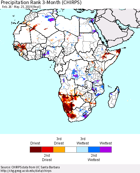 Africa Precipitation Rank since 1981, 3-Month (CHIRPS) Thematic Map For 2/26/2019 - 5/25/2019