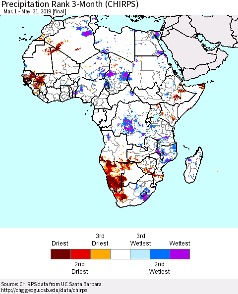Africa Precipitation Rank since 1981, 3-Month (CHIRPS) Thematic Map For 3/1/2019 - 5/31/2019