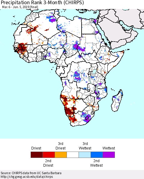 Africa Precipitation Rank since 1981, 3-Month (CHIRPS) Thematic Map For 3/6/2019 - 6/5/2019