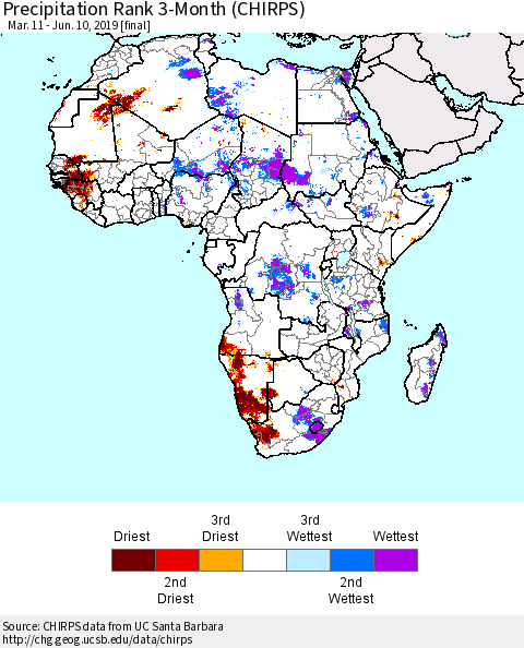 Africa Precipitation Rank since 1981, 3-Month (CHIRPS) Thematic Map For 3/11/2019 - 6/10/2019