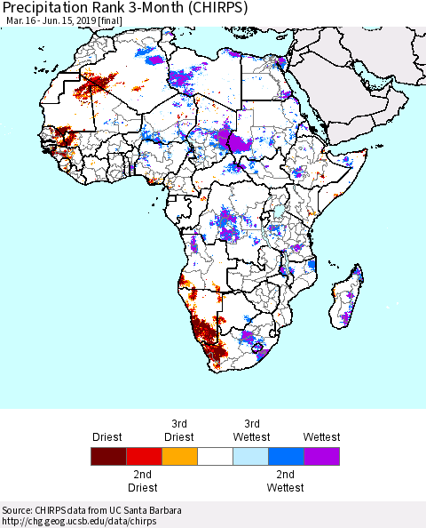 Africa Precipitation Rank since 1981, 3-Month (CHIRPS) Thematic Map For 3/16/2019 - 6/15/2019