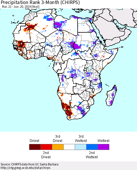 Africa Precipitation Rank since 1981, 3-Month (CHIRPS) Thematic Map For 3/21/2019 - 6/20/2019
