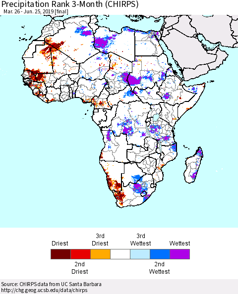 Africa Precipitation Rank since 1981, 3-Month (CHIRPS) Thematic Map For 3/26/2019 - 6/25/2019