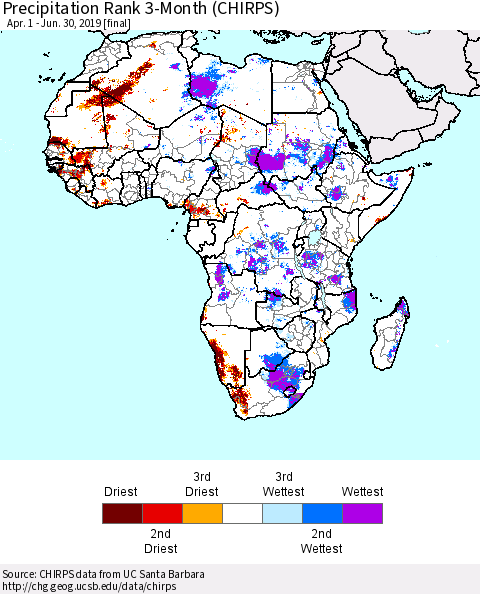 Africa Precipitation Rank since 1981, 3-Month (CHIRPS) Thematic Map For 4/1/2019 - 6/30/2019