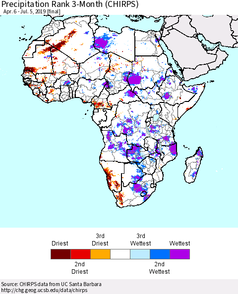 Africa Precipitation Rank since 1981, 3-Month (CHIRPS) Thematic Map For 4/6/2019 - 7/5/2019