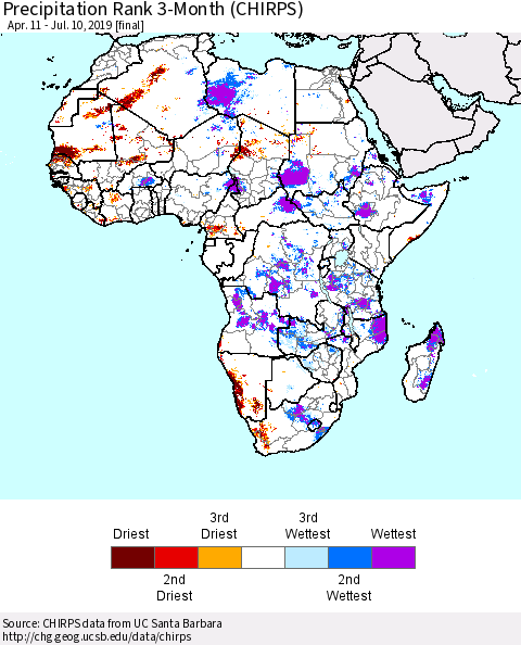 Africa Precipitation Rank since 1981, 3-Month (CHIRPS) Thematic Map For 4/11/2019 - 7/10/2019