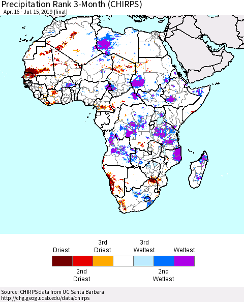 Africa Precipitation Rank since 1981, 3-Month (CHIRPS) Thematic Map For 4/16/2019 - 7/15/2019