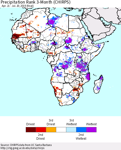 Africa Precipitation Rank since 1981, 3-Month (CHIRPS) Thematic Map For 4/21/2019 - 7/20/2019