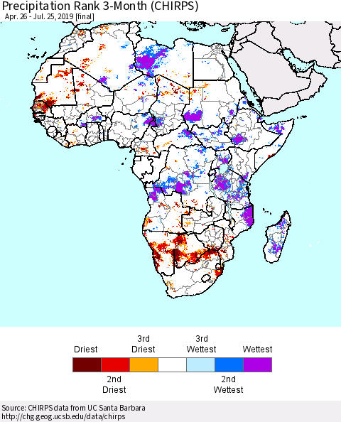 Africa Precipitation Rank since 1981, 3-Month (CHIRPS) Thematic Map For 4/26/2019 - 7/25/2019