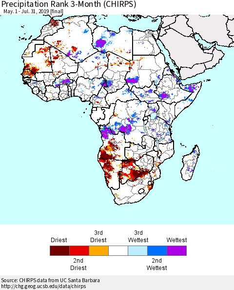Africa Precipitation Rank since 1981, 3-Month (CHIRPS) Thematic Map For 5/1/2019 - 7/31/2019