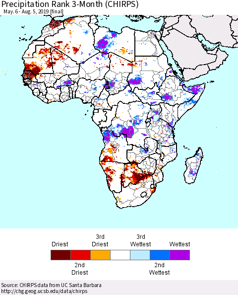 Africa Precipitation Rank since 1981, 3-Month (CHIRPS) Thematic Map For 5/6/2019 - 8/5/2019