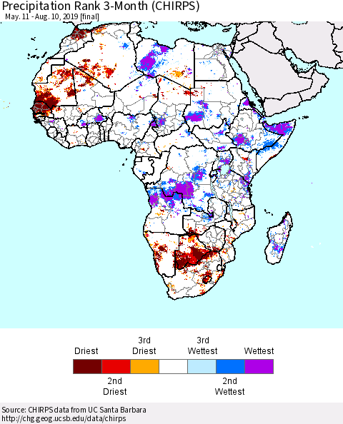 Africa Precipitation Rank since 1981, 3-Month (CHIRPS) Thematic Map For 5/11/2019 - 8/10/2019