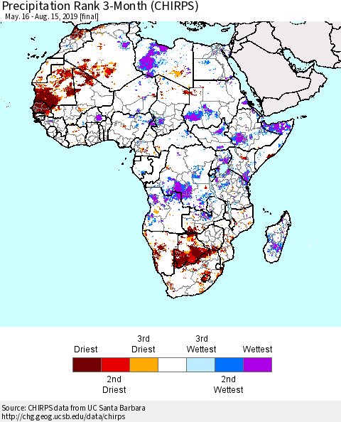 Africa Precipitation Rank since 1981, 3-Month (CHIRPS) Thematic Map For 5/16/2019 - 8/15/2019