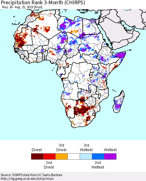Africa Precipitation Rank since 1981, 3-Month (CHIRPS) Thematic Map For 5/26/2019 - 8/25/2019