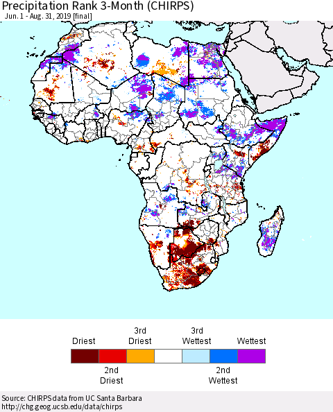 Africa Precipitation Rank since 1981, 3-Month (CHIRPS) Thematic Map For 6/1/2019 - 8/31/2019