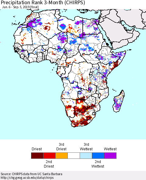 Africa Precipitation Rank since 1981, 3-Month (CHIRPS) Thematic Map For 6/6/2019 - 9/5/2019
