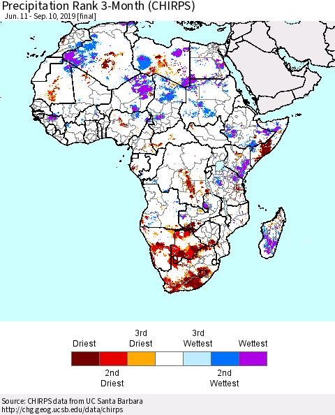 Africa Precipitation Rank since 1981, 3-Month (CHIRPS) Thematic Map For 6/11/2019 - 9/10/2019