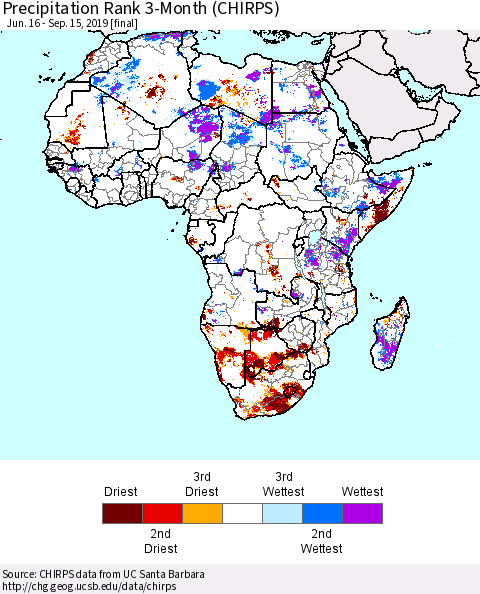 Africa Precipitation Rank since 1981, 3-Month (CHIRPS) Thematic Map For 6/16/2019 - 9/15/2019