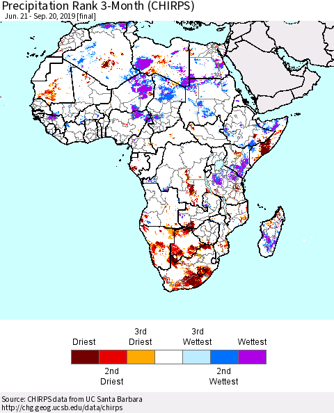 Africa Precipitation Rank since 1981, 3-Month (CHIRPS) Thematic Map For 6/21/2019 - 9/20/2019