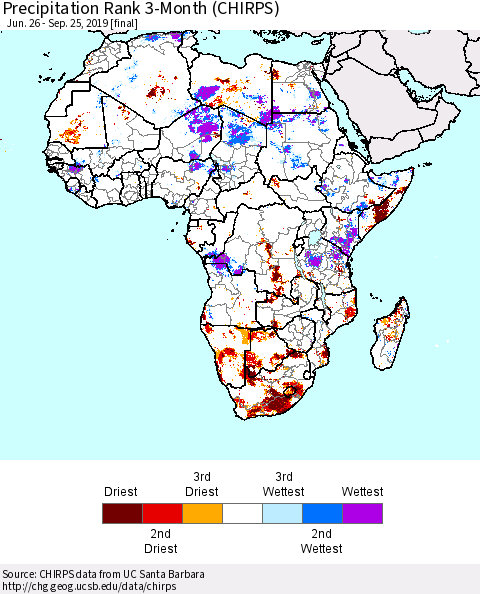 Africa Precipitation Rank since 1981, 3-Month (CHIRPS) Thematic Map For 6/26/2019 - 9/25/2019
