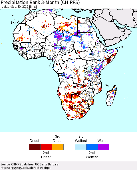 Africa Precipitation Rank since 1981, 3-Month (CHIRPS) Thematic Map For 7/1/2019 - 9/30/2019