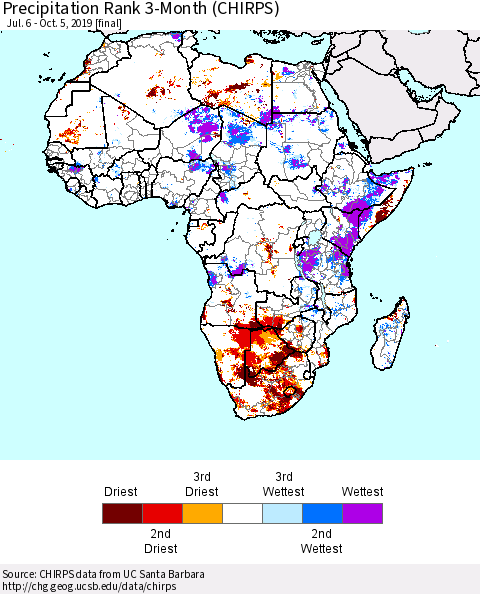 Africa Precipitation Rank since 1981, 3-Month (CHIRPS) Thematic Map For 7/6/2019 - 10/5/2019