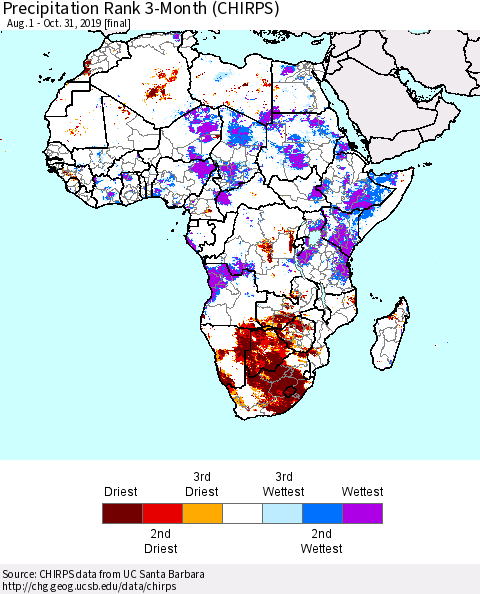 Africa Precipitation Rank since 1981, 3-Month (CHIRPS) Thematic Map For 8/1/2019 - 10/31/2019