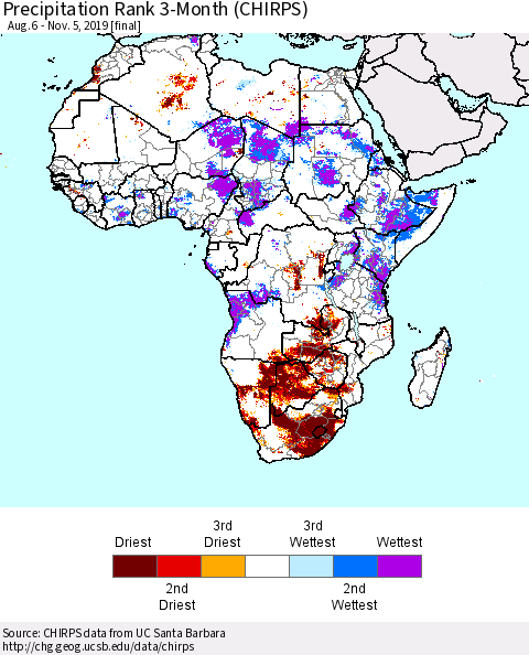Africa Precipitation Rank since 1981, 3-Month (CHIRPS) Thematic Map For 8/6/2019 - 11/5/2019