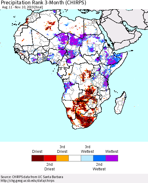 Africa Precipitation Rank since 1981, 3-Month (CHIRPS) Thematic Map For 8/11/2019 - 11/10/2019