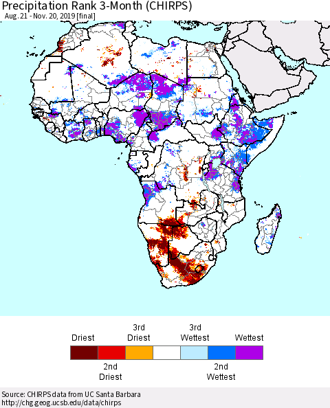 Africa Precipitation Rank since 1981, 3-Month (CHIRPS) Thematic Map For 8/21/2019 - 11/20/2019