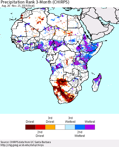 Africa Precipitation Rank since 1981, 3-Month (CHIRPS) Thematic Map For 8/26/2019 - 11/25/2019