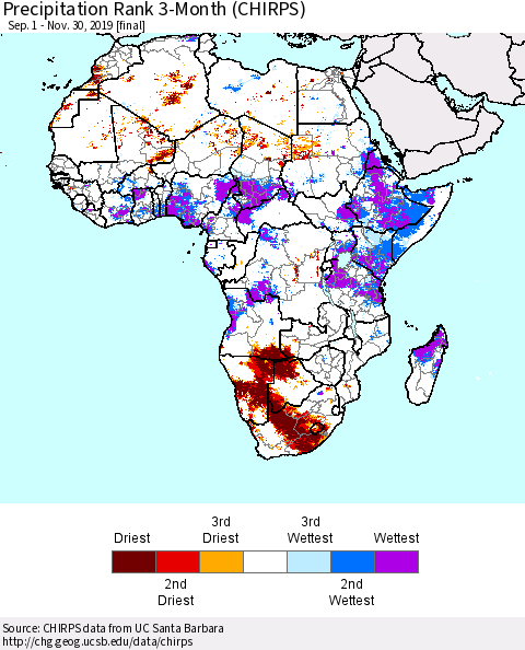 Africa Precipitation Rank since 1981, 3-Month (CHIRPS) Thematic Map For 9/1/2019 - 11/30/2019