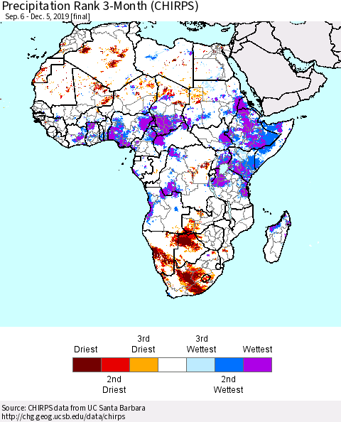 Africa Precipitation Rank since 1981, 3-Month (CHIRPS) Thematic Map For 9/6/2019 - 12/5/2019