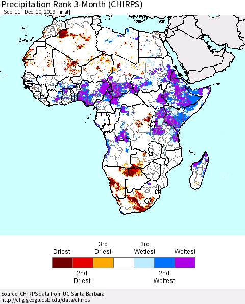 Africa Precipitation Rank since 1981, 3-Month (CHIRPS) Thematic Map For 9/11/2019 - 12/10/2019