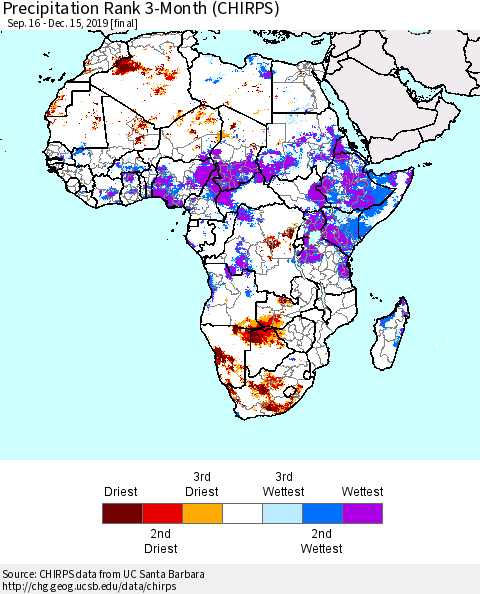 Africa Precipitation Rank since 1981, 3-Month (CHIRPS) Thematic Map For 9/16/2019 - 12/15/2019