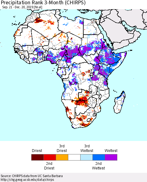 Africa Precipitation Rank since 1981, 3-Month (CHIRPS) Thematic Map For 9/21/2019 - 12/20/2019