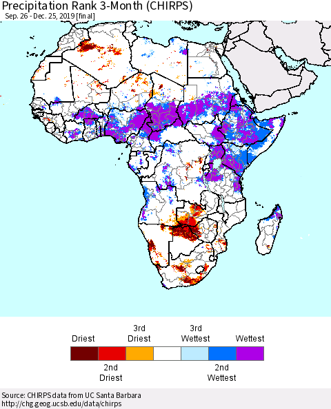 Africa Precipitation Rank since 1981, 3-Month (CHIRPS) Thematic Map For 9/26/2019 - 12/25/2019