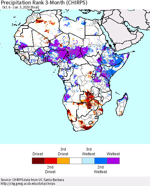 Africa Precipitation Rank since 1981, 3-Month (CHIRPS) Thematic Map For 10/6/2019 - 1/5/2020