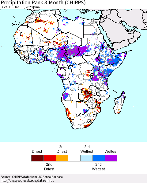 Africa Precipitation Rank since 1981, 3-Month (CHIRPS) Thematic Map For 10/11/2019 - 1/10/2020
