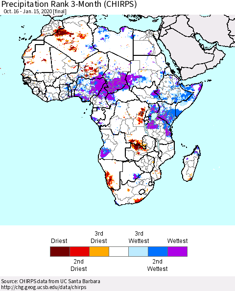 Africa Precipitation Rank since 1981, 3-Month (CHIRPS) Thematic Map For 10/16/2019 - 1/15/2020