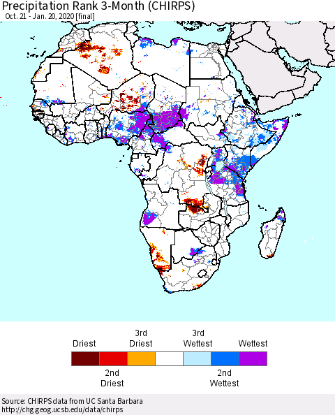 Africa Precipitation Rank since 1981, 3-Month (CHIRPS) Thematic Map For 10/21/2019 - 1/20/2020
