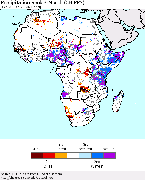 Africa Precipitation Rank since 1981, 3-Month (CHIRPS) Thematic Map For 10/26/2019 - 1/25/2020