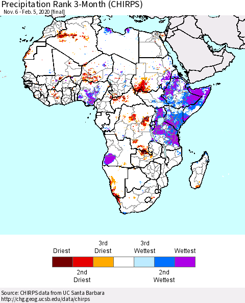 Africa Precipitation Rank since 1981, 3-Month (CHIRPS) Thematic Map For 11/6/2019 - 2/5/2020