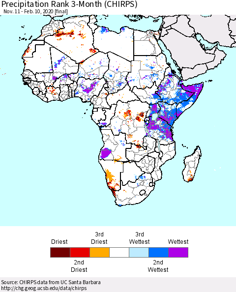 Africa Precipitation Rank since 1981, 3-Month (CHIRPS) Thematic Map For 11/11/2019 - 2/10/2020