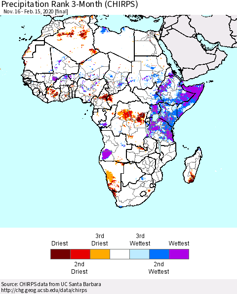 Africa Precipitation Rank since 1981, 3-Month (CHIRPS) Thematic Map For 11/16/2019 - 2/15/2020