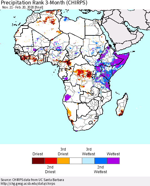 Africa Precipitation Rank since 1981, 3-Month (CHIRPS) Thematic Map For 11/21/2019 - 2/20/2020